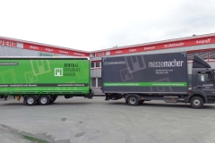 Gliederzug mit Koffer-LKW Aufbau mit Ladebordwand und Tandemanhänger mit Schiebespann Planenaufbau (2)